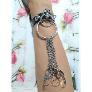 Gothic Skull Rivet Charm Bracelet with Chains Black Adjustable Silver Tone